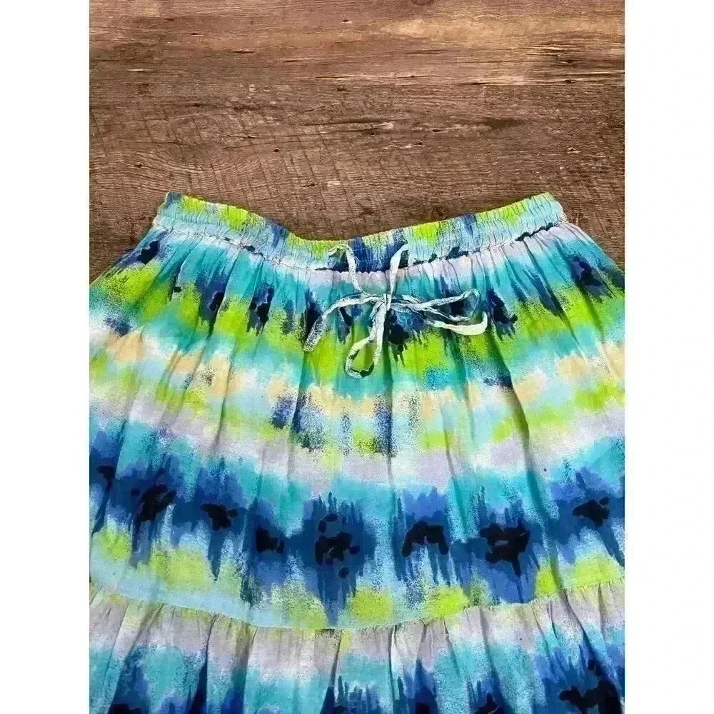 Jane Ashley Tiered Maxi Pull On Skirt Multi-Color Blue Green Women's PM Boho